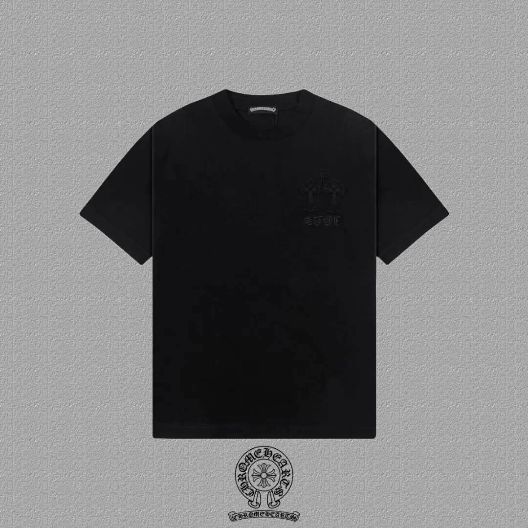 🅿️200 [CH Crow Heart] 2025FW short-sleeved T-shirt, arch bridge embroidery, high-end 26s double yarn 300g fabric, heavy fabric, custom stretcher rib, same cylinder and dye, complete three standards, same style for men and women, color: black, white, size: S M L XL 2XL